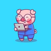 Lindo hombre de negocios de cerdo con ilustración de icono de vector de dibujos animados de computadora portátil. concepto de icono de animal y tecnología vector premium aislado. estilo de dibujos animados plana