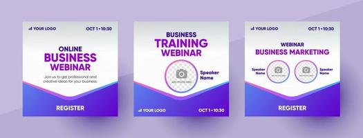 Business marketing training webinar social media post template. Background and illustration for social media banner design with a place for a picture in vector. vector