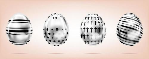 Four silver eggs on the pink background. Isolated objects for Easter. Cross, dots and stripes ornate vector