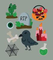 Halloween themed collection. Crow candles candy bag tombstone hand zombie bones cobweb eye potion bottle. Vector illustration. Image isolated on colored background. Design element