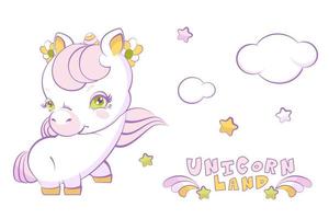 linda niña blanca unicornio con cabello rosado y estrellas vector