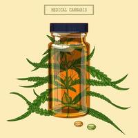 rama de cannabis medicinal y vial y pastillas vector