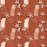 Brown seamless pattern with coffe flowers, bean and packs vector