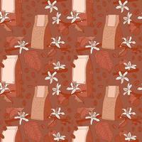 Brown seamless pattern with coffe flowers, bean and packs vector