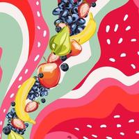 Sweet tropical fruits and mixed berries. Strawberry abstract background for typography, textiles or packaging design. vector