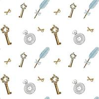 Old keys, pen for writing and pocket watch seamless pattern. Template for design backgrounds, textile, wrapping paper, package