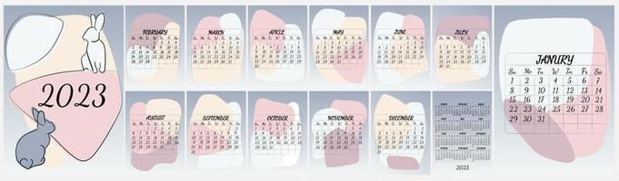 calendario 2023 con conejo. diseño de calendario con un símbolo del nuevo año. conjunto de calendarios de 12 meses. estilo moderno. la semana empieza el lunes. vector