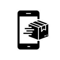 Online Delivery Service in Mobile Phone Silhouette Icon. Shop Fast Order Parcel Box in Cellphone Glyph Pictogram. Application Store Supermarket Ecommerce in Smartphone. Isolated Vector Illustration.