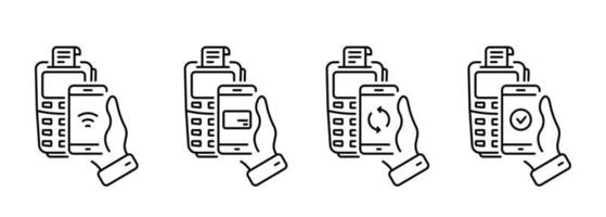 Smartphone NFC Technology Bank POS Processing Line Icon. Process of Payment on Terminal Pictogram Set. Check Cashless Payment Transaction Outline Icon. Editable Stroke. Isolated Vector Illustration.