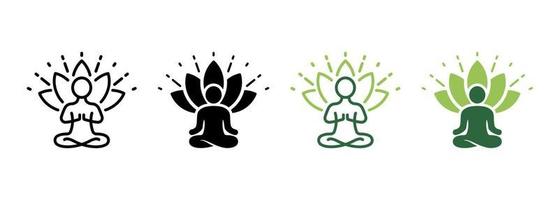 persona de yoga en pose silueta de loto e icono de línea. pictograma de relajación de meditación de energía espiritual. meditar icono de ejercicio de asana de relajación. bienestar zen. trazo editable. ilustración vectorial aislada. vector