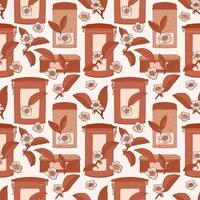Tea seamless pattern with boxes, leaves and flowers vector