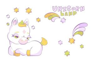 Cute little white unicorn in a star wreath and shooting star vector