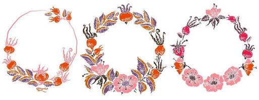 Wild rose wreathes in lino cut style vector