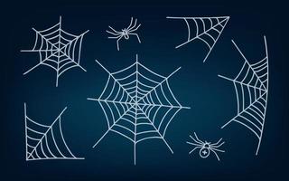 Set of spiderwebs and spiders on dark background. Vector illustration for Halloween.