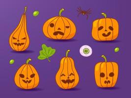 conjunto de calabazas para las vacaciones de halloween con una sonrisa de alegría cortada y aterradora. elementos de diseño aislados sobre fondo morado. ilustración vectorial vector
