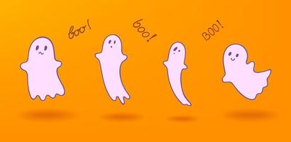 Set of Ghost character. Vector illustration for Halloween with cute ghosts and inscriplion BOO.