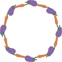 Round frame with positive eggplant and carrot on white background. Vector image.