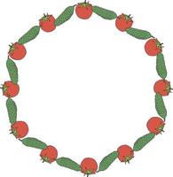 Round frame with positive tomato and cucumber on white background. Vector image.