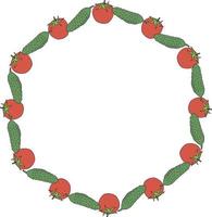 Round frame with positive tomato and cucumber on white background. Vector image.