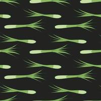 Seamless pattern with awesome green onion on black background. Vector image.