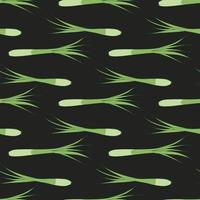 Seamless pattern with awesome green onion on black background. Vector image.