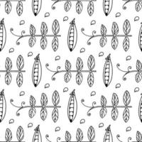 Seamless pattern with black-and-white peas and leaves on white background. Vector image.