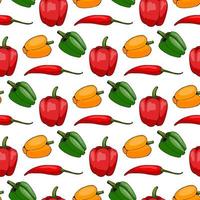 Seamless pattern with positive green, orange and red peppers on white background. Vector image.