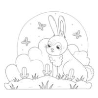 A rabbit sits next to a growing carrot coloring book. The bunny character grows crops coloring page. Vector spring or summer illustration.