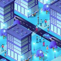 Night background isometric smart blue ultraviolet city at night with lights. 3D illustration. vector