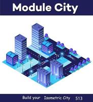 Night isometric smart blue ultraviolet block quarter city at night with lights. The town of the future is a futuristic 3D illustration. vector