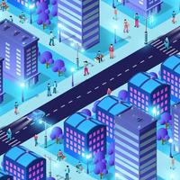 Night background isometric smart blue ultraviolet city at night with lights. 3D illustration. vector