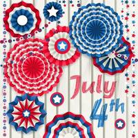 July 4 card with paper pinwheels hanging on wooden fence vector