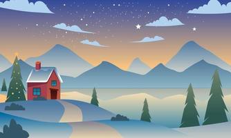 ilustración de fondo de paisaje navideño, diseño de tarjeta de navidad. escena navideña en temporada de invierno vector