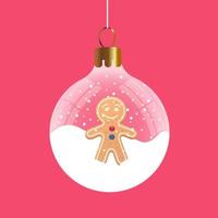 Christmas snowball with a gingerbread man. Transparent glass ball. Vector illustration, graphic design.