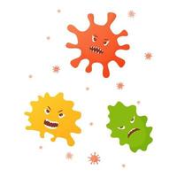 Terrible virus cartoon character.Micro bacteria vector illustration on white background.Yellow, red, green microbe  icon.Monster germ.