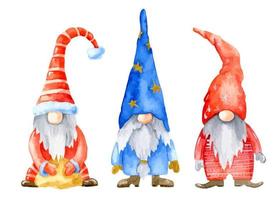 Watercolor set of Christmas Cartoon Gnomes. Hand painted illustration with fantastic characters. Dwarfs in red costumes and hoods. Old wizard with long beard. Drawing for greeting cards or invitations vector