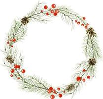 Watercolor Christmas Wreath with pine or fir branches and red holly berry. Hand drawn illustration of Circle frame for text on white isolated background vector