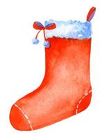 Watercolor hand drawn Red Christmas hanging Sock for gift. Illustration of New Year Stocking for greeting card or icon design in cartoon style vector