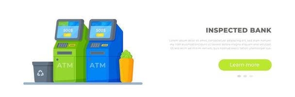 Vector illustration of an inspected bank. Two ATMs isolated on white background.