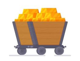 Vector design illustration isolated on white background. Wooden mine cart loaded with gold. Cartoon mine cart.