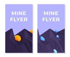 Vector illustration of a mine flyer. Mining coins and diamonds in caves and rocks.