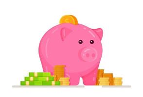 A piggy bank with mountains of coins and dollars. Piggy bank with coin vector illustration.