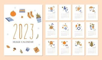 Soft colored hugge illustration calendar 2023 template in vector