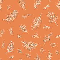 White Outlines of Leaves, Twigs, Herbs on Peach Colour Background. Hand Drawn Seamless Pattern for Prints on Paper, Fabric vector