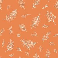 White Outlines of Leaves, Twigs, Herbs on Peach Colour Background. Hand Drawn Seamless Pattern for Prints on Paper, Fabric vector