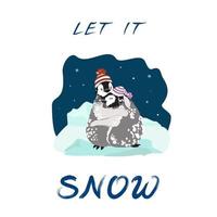 Cute Cartoon Emperor Penguin Chicks, Boy and Girl, in Knitted Hats, Hugging in Arctic Field, and Phrase Let It Snow vector