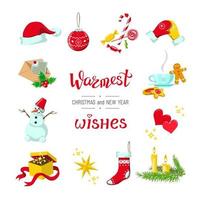 Set of 12 Design Elements, Cartoon Clipart, Christmas and New Year Related Objects, Warmest Wishes Lettering vector