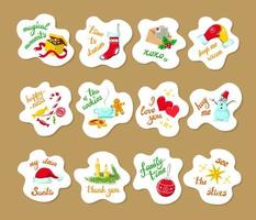 Set of 12 Cute Christmas Stickers, New Year Objects, in White Clouds on Brown Paper, Handwritten Hygge Phrases vector