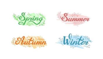 Lettering, Names of Seasons of the Year, on Sketchy Color Spots Decorated With Leaves and Twigs vector