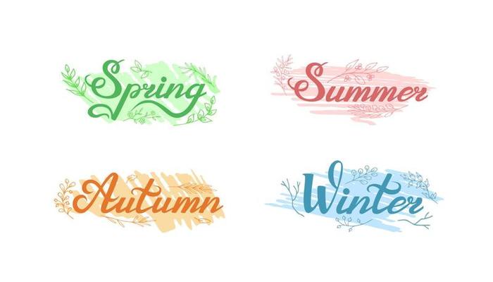 Lettering, Names of Seasons of the Year, on Sketchy Color Spots Decorated With Leaves and Twigs
